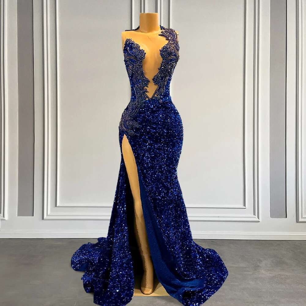 Royal Blue Sequins Sparkly Long Prom Dresses Black Girls Crystal Beads Mermaid Birthday Party Gowns With Slit Customied Dr0318