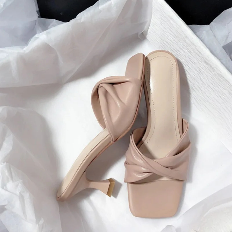 Fashion Summer Women Shoes Handmade Square Open Toe High Heels Outdoor Fashion Slippers Apricot Off White 250317