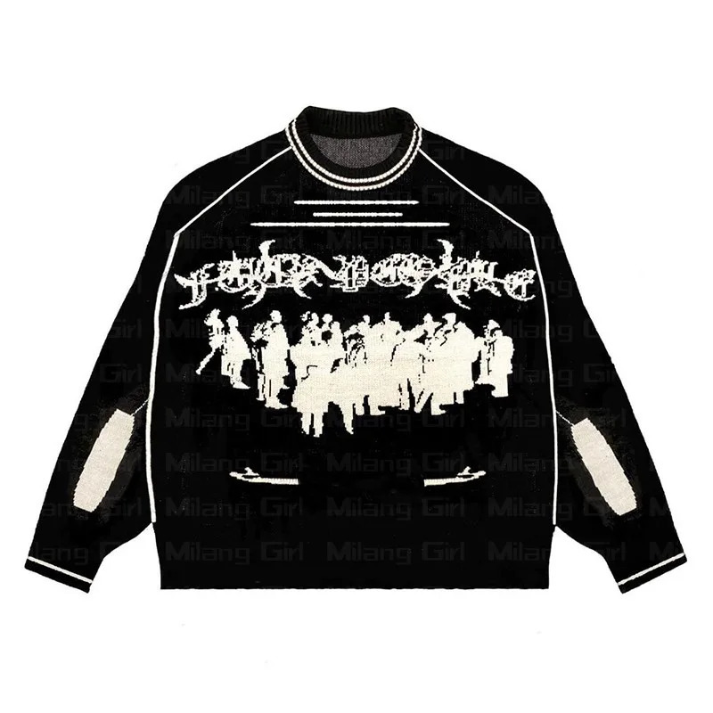 Hip Hop Streetwear Knitted Sweater Men Women Gothic Hassett Pattern Oversized Sweater Pullover Winter Harajuku Cotton sweater 250318
