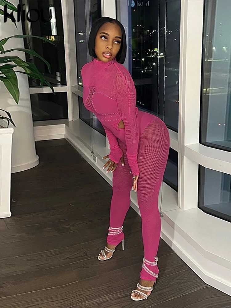 Nail Mesh Patchwork Jumpsuits Women Solid S Through Autumn Long Sleeve Cut Out Skinny Overalls Female Midnight Party Clothing X250318