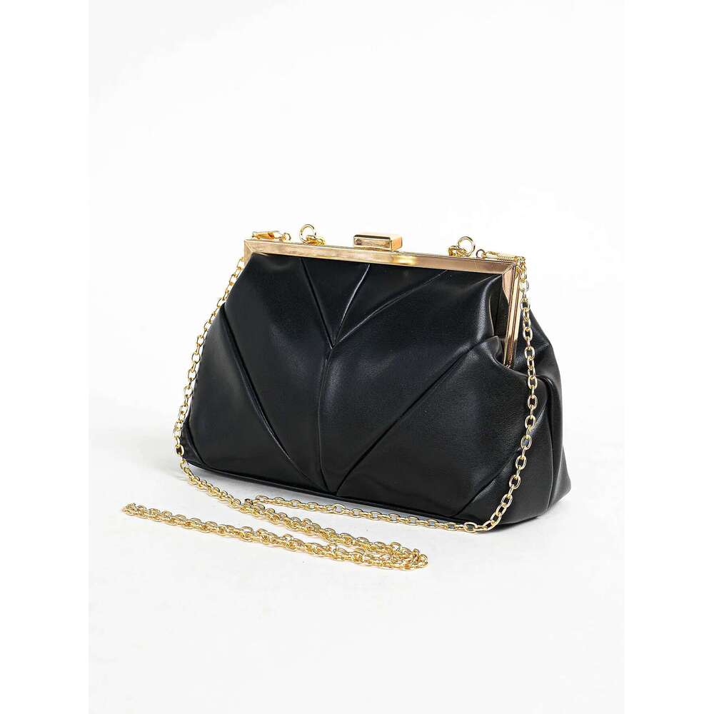 PC Matallic 1 PU Leather Elegant Pleated Kiss-Lock Closure Evening Bag,Shinny Metal Chain Holder Frame Cross Body Clutch Bag,Kis