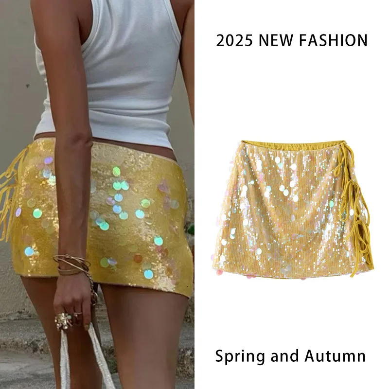 Sequins Y2K Skirt Womens Side Split Tie Up Skirts Sexy tie Sweet Short Pencil Skirt Summer Fashion Streetwear 250318