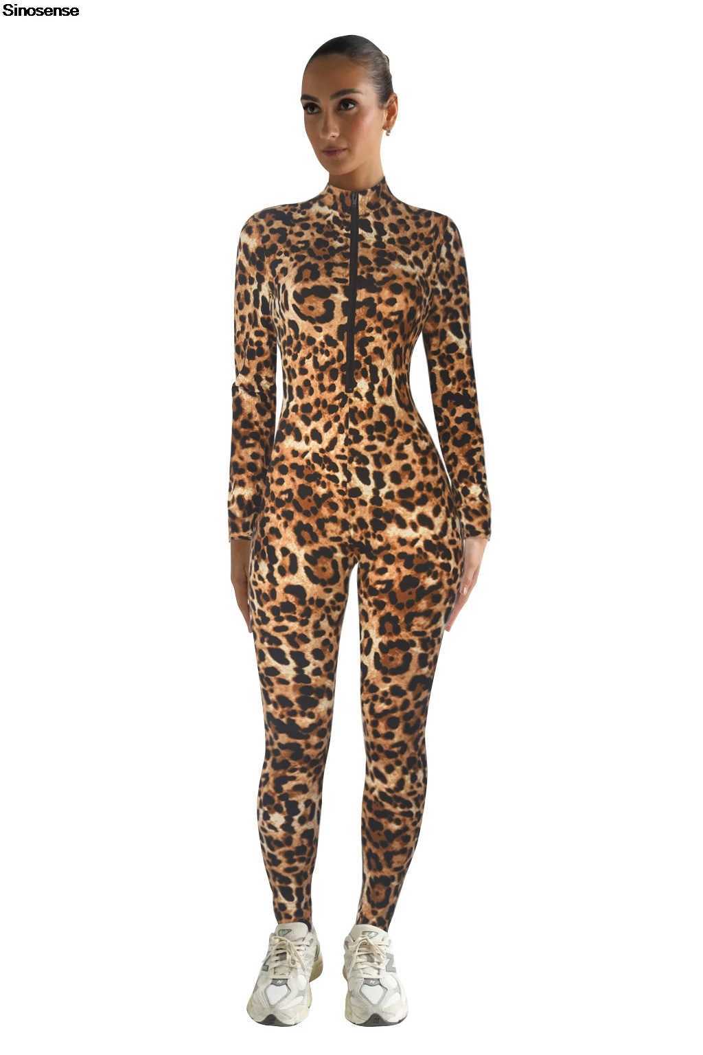 Womens Leopard Print One Piece Workout Jumpsuits Mock Neck Long Sleeve Zip Up Zip Up Romper Sexy Night Out Club Party Outfits X250318