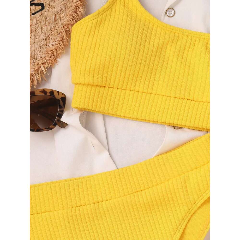 Sexy solid yellow bikini 2024 Mujer high waisted pleated women's swimsuit independent beach swimsuit high waisted swimsuit bikini new style