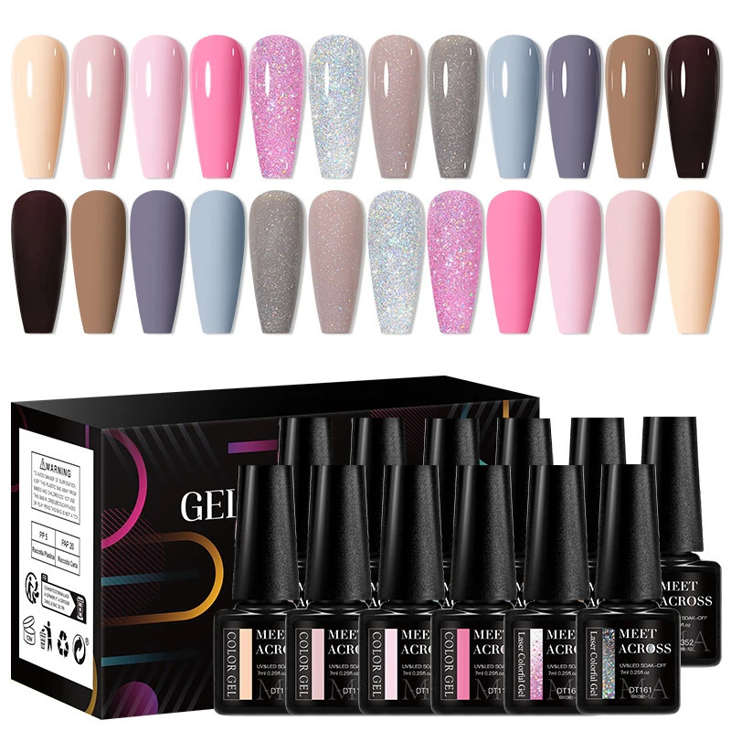 MEET ACROSS 12Pcs/Set Gel Nail Polish Set Colorful Glitter Nail Art Long-Lasting Soak Off UV Gel Kit for Manicure Nails Vernis 250314