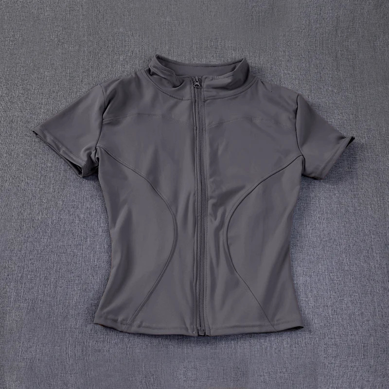 Summer highquality waist weight loss training top for women quick drying tight fitting stand up collar full zipper short sleeved yoga shirt 250314