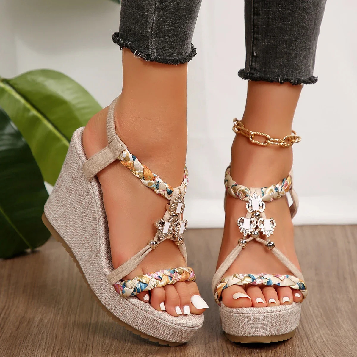 Metal Decor Wedge Sandals for Women Summer 2025 Braided Band Platform Gladiator Sandals Woman Thick Bottom Beach Sandalias Mujer 250318