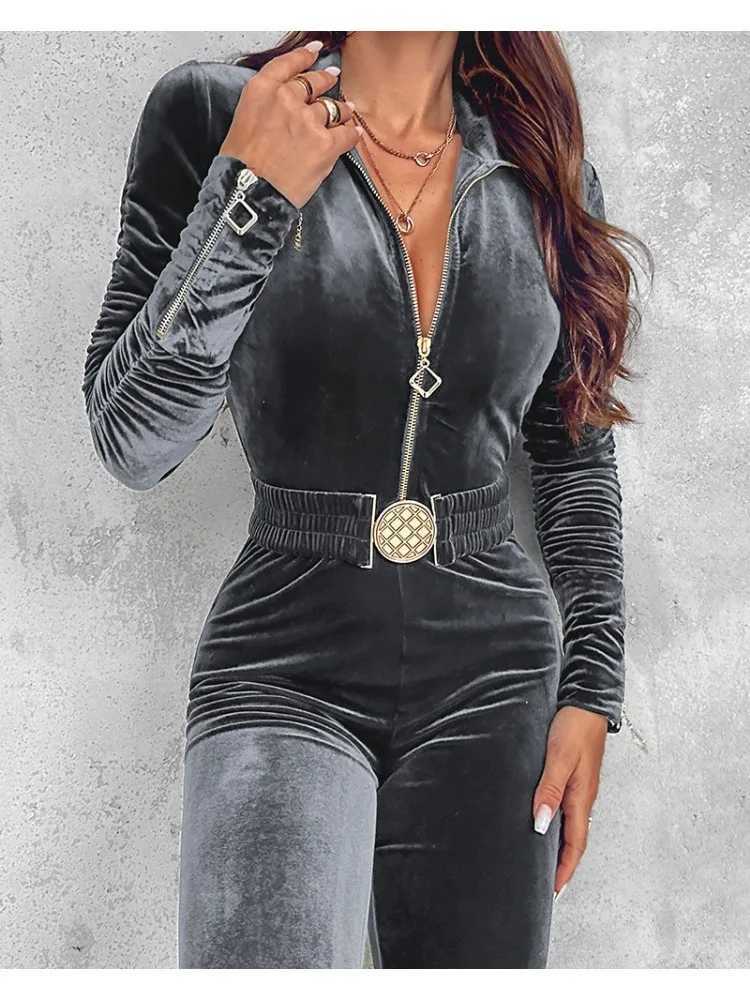 Velvet zipper design womens jumpsuit 2025 elegant pleated long Slve jumpsuit with elastic waistband jacket womens clothing X2503181