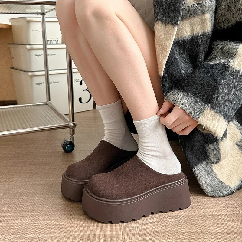 Vintage Platform Heel Women Warm Cotton Mules Slippers Fashion Cover Toe Slip On Shoes Ladies Comfort Outdoor Lazy Slides 250318