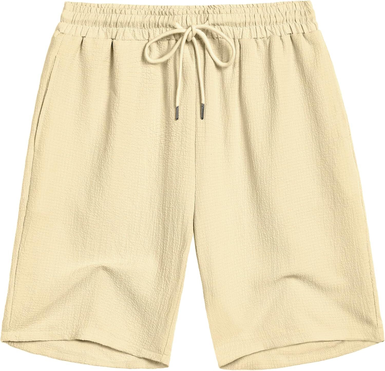 Mens Casual Shorts Elastic Waist Drawstring Textured Summer Beach Short Fashionable solid color