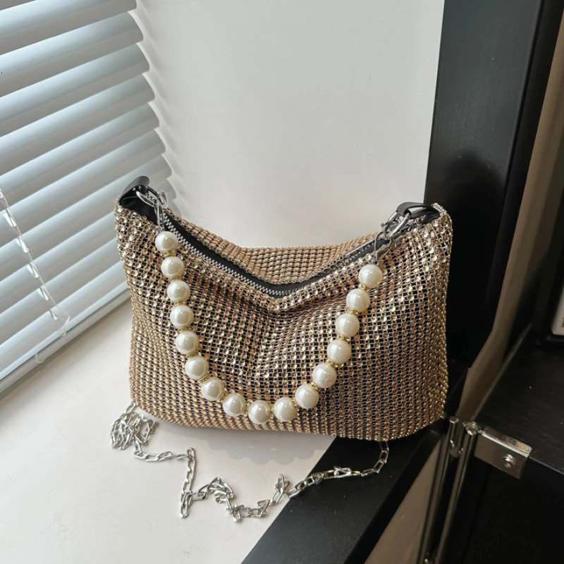 Pearl Full Rhinestone Delicate Handbag Fashion Shiny Gold Party Dinner Bag Shoulder Bag Elegant Silver WomenS Phone Money Purse R250318