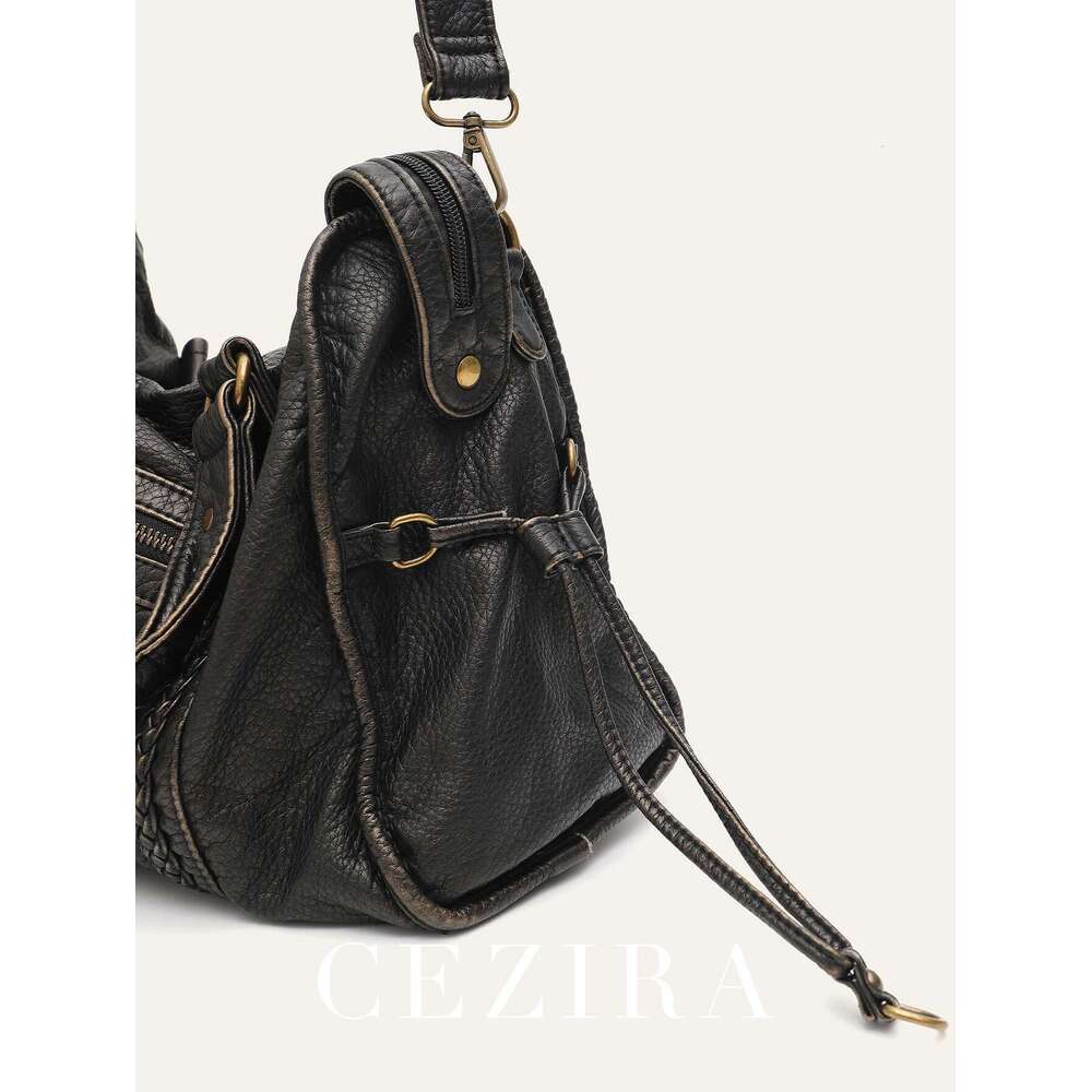 Washed PU Vintage Leather Large Capacity Tote Zip Pockets Braid Decor Shoulder Cross body Bag Unisex Women Daily Travel Handbag