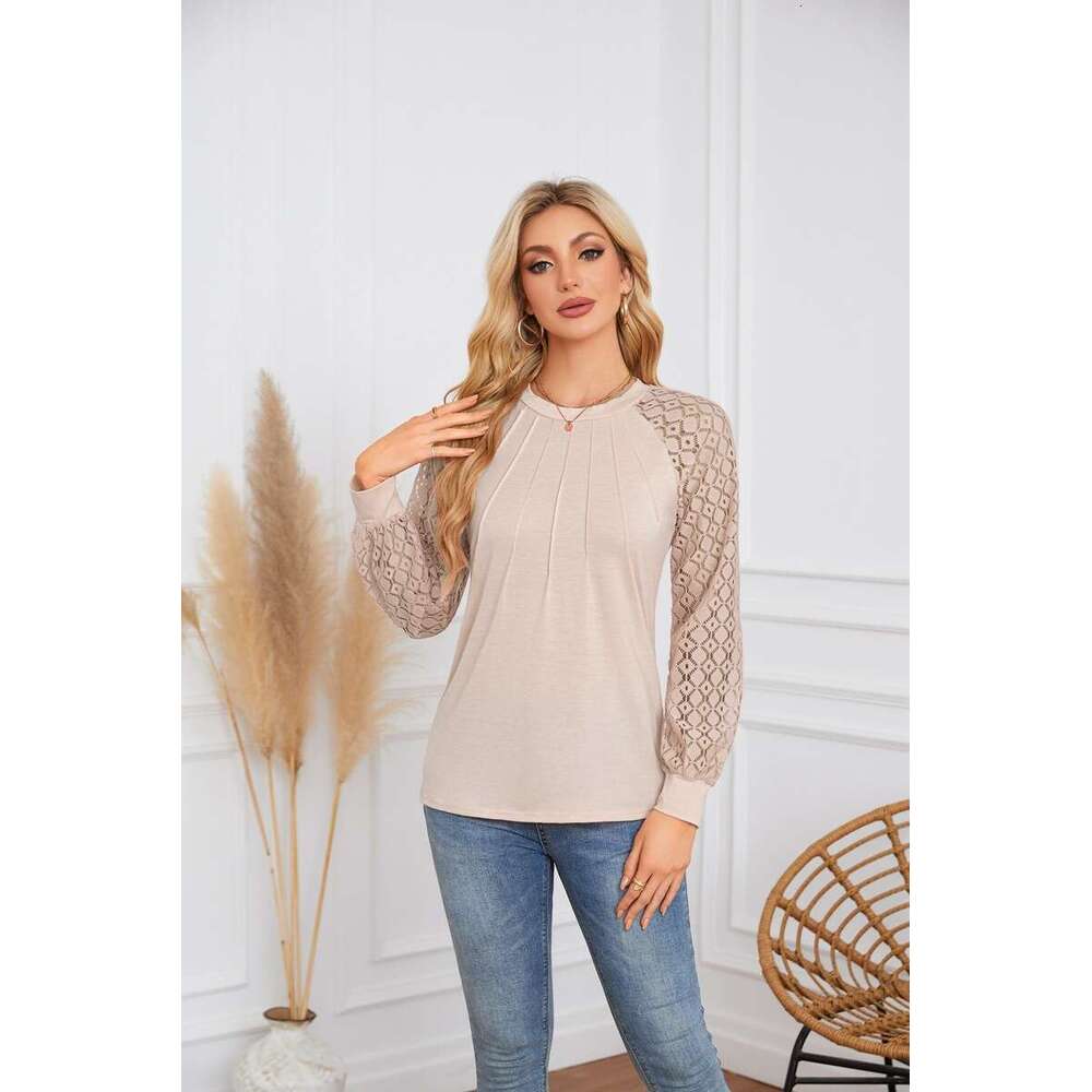 autumn winter popular European American women's lace patchwork round neck pleated long sleeved top T 2025 new style chic and elegant clothing