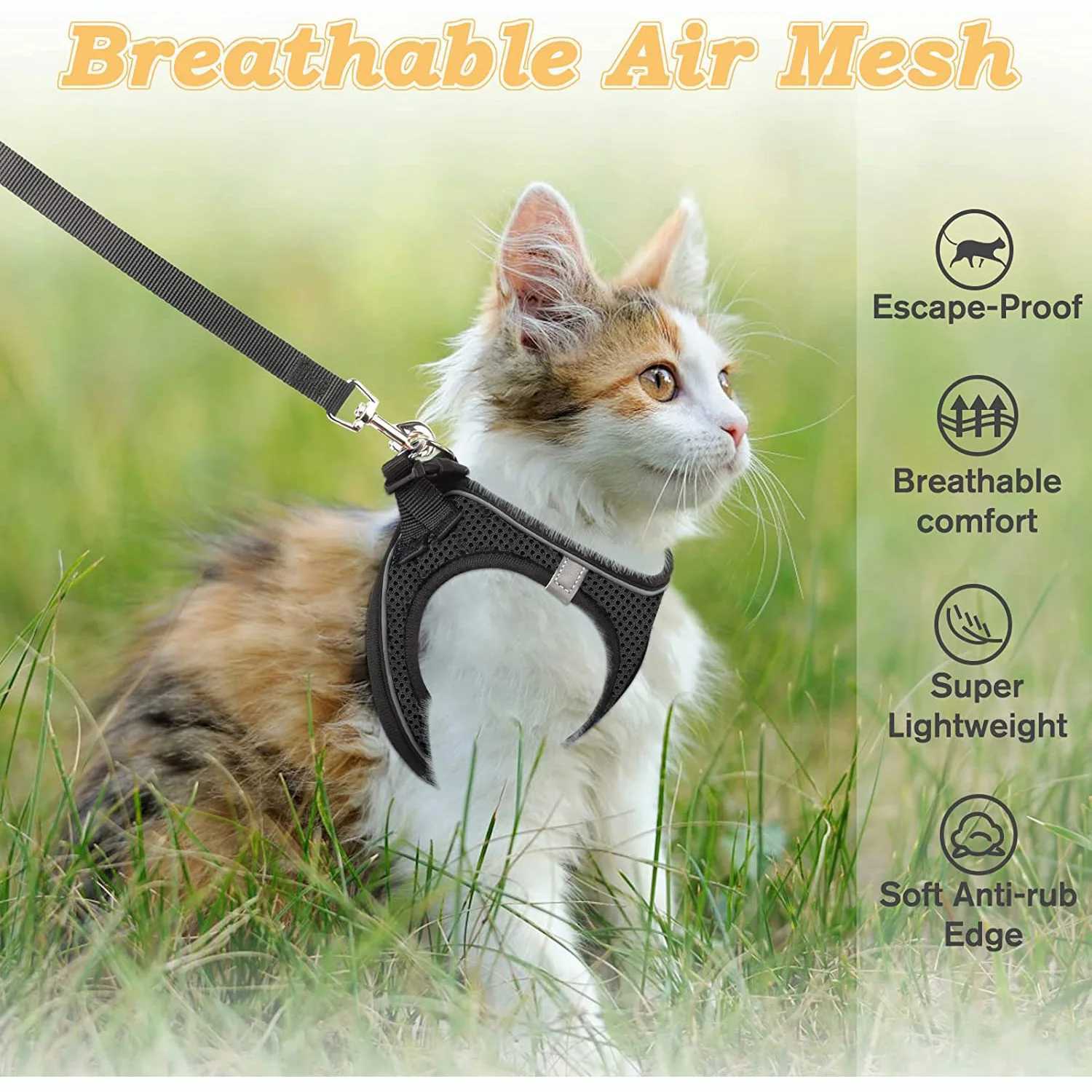 Cat harness and belt for hiking escape adjustable kitten vest harness reflective soft mesh puppy harness for outdoor use CT250318