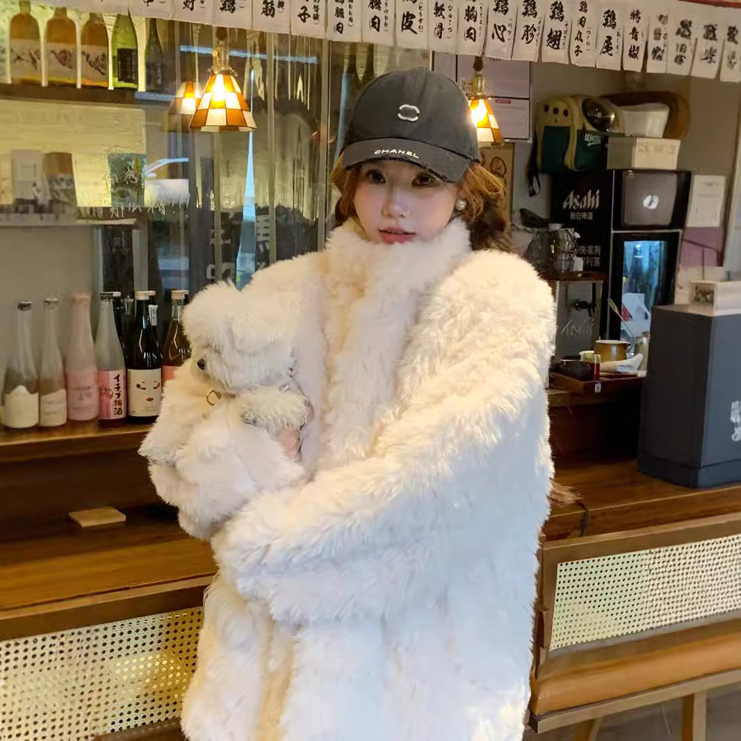 2024 winter standing collar lambhair jacket women's clothing Korean fashion medium long fur loose casual plush clothes