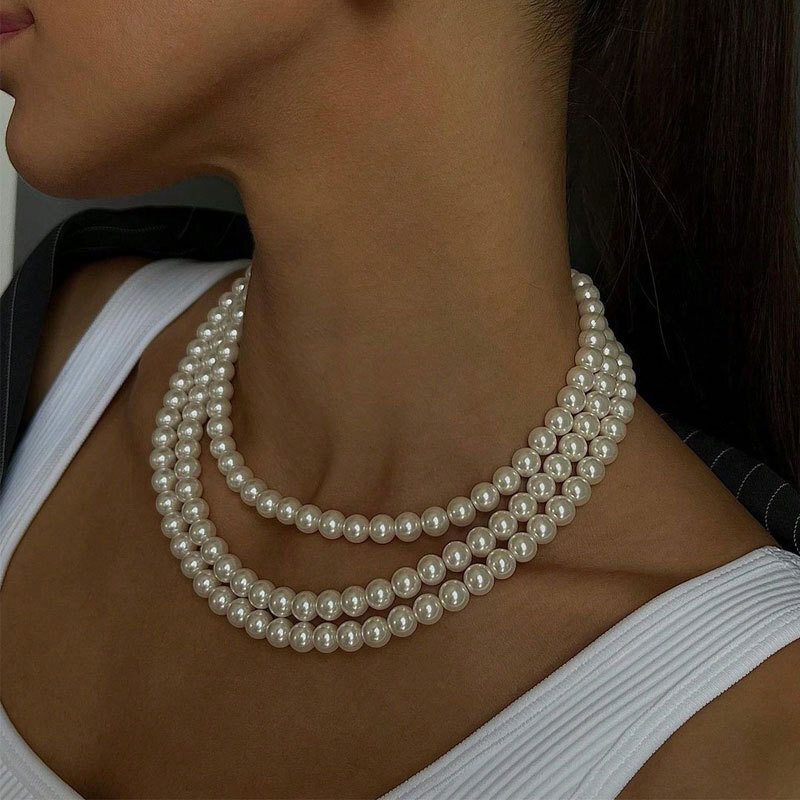 Three Layers With 8mm Imitation Pearl Necklace Women's Multi-layer Senior Sense Choker Collarbone Chain Jewelry