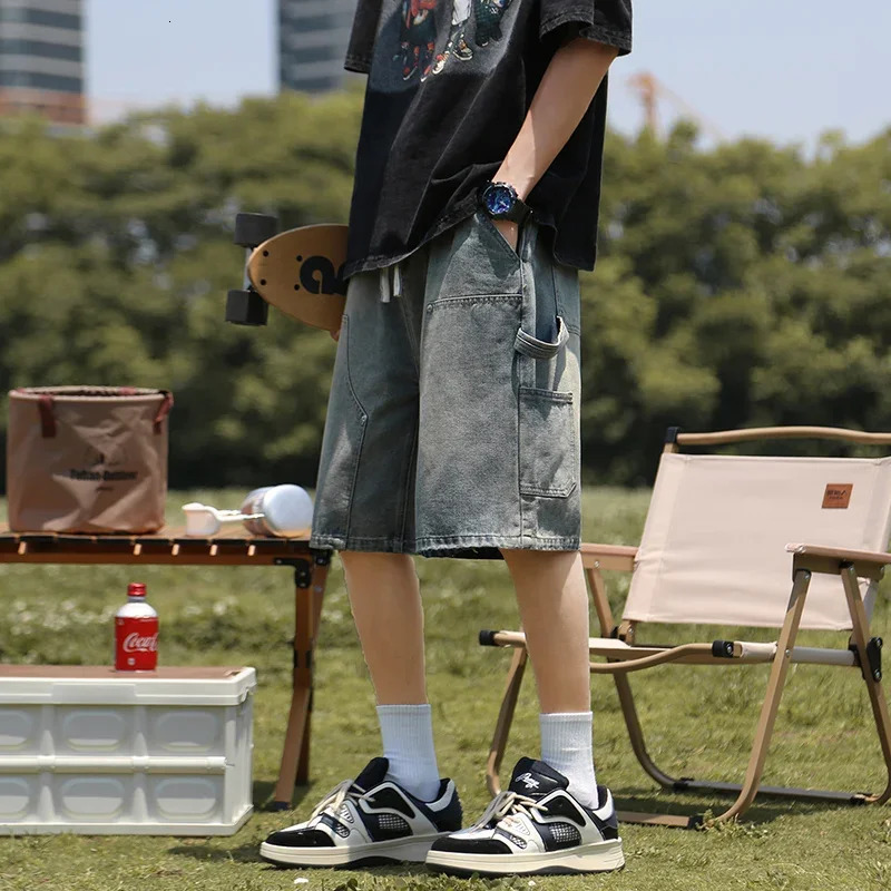 Summer high street straight denim mens retro loose casual shorts wear elastic waist cargo 250317