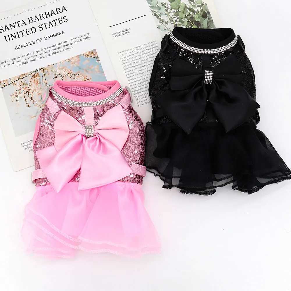 Bow Cat and Dog Strap Set Lace Crystal Little Dog Tank Top 150cm Lead Nylon Breathable Cat Strap DressT250318
