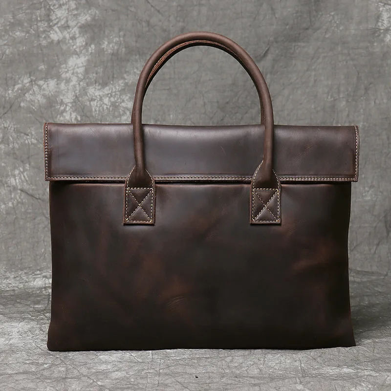 Mens Crazy Horse leather briefcase vintage executive laptop office handbag business clutch bag 250317