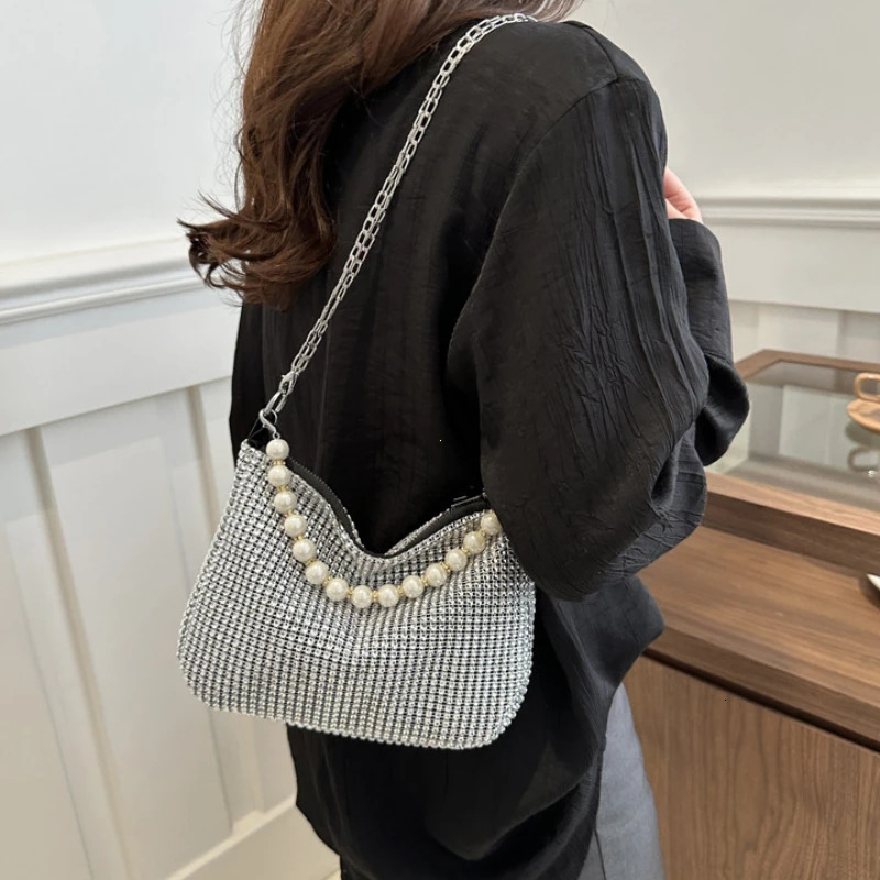 Pearl Full Rhinestone Delicate Handbag Fashion Shiny Gold Party Dinner Bag Shoulder Bag Elegant Silver WomenS Phone Money Purse R250318