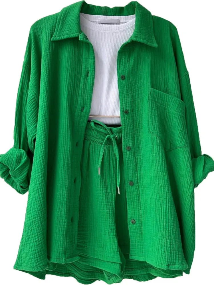Two Pieces Womens Summer Sets Muslin Blouse Shirt And Shorts Set 2 Piece Beach Outfit Suit Two Piece Simple Female Clothing250312