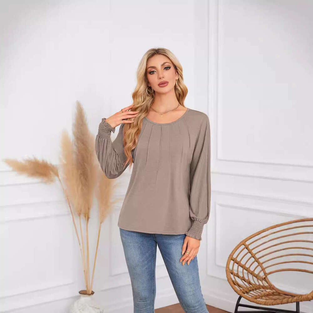 autumn winter popular European American women's round neck pleated long sleeved casual top T-shirt 2025 new style chic and elegant clothing