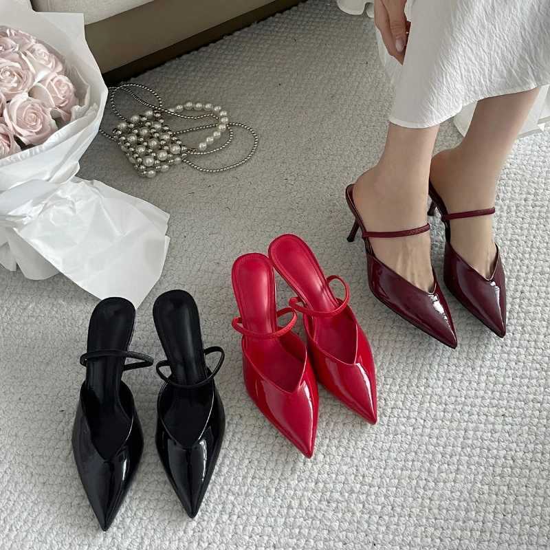 Red sexy Pointed Toe H sandals Fem patent leather elegant slider womens size 43 light Fi brand high H Wen Y250317