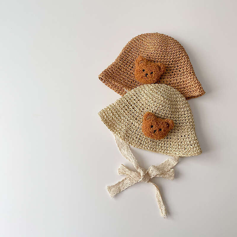 Instagram Cartoon Little Bear Children's Straw Summer Outdoor Sunscreen Sun Princess Baby Travel Strap Sunshade Hat