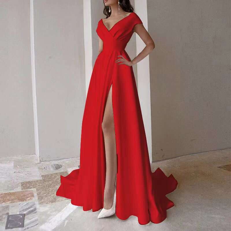 breast wrapped ruffled red, black, white mid waist solid color commuting long evening dress, 2025 new style, chic and elegant clothing