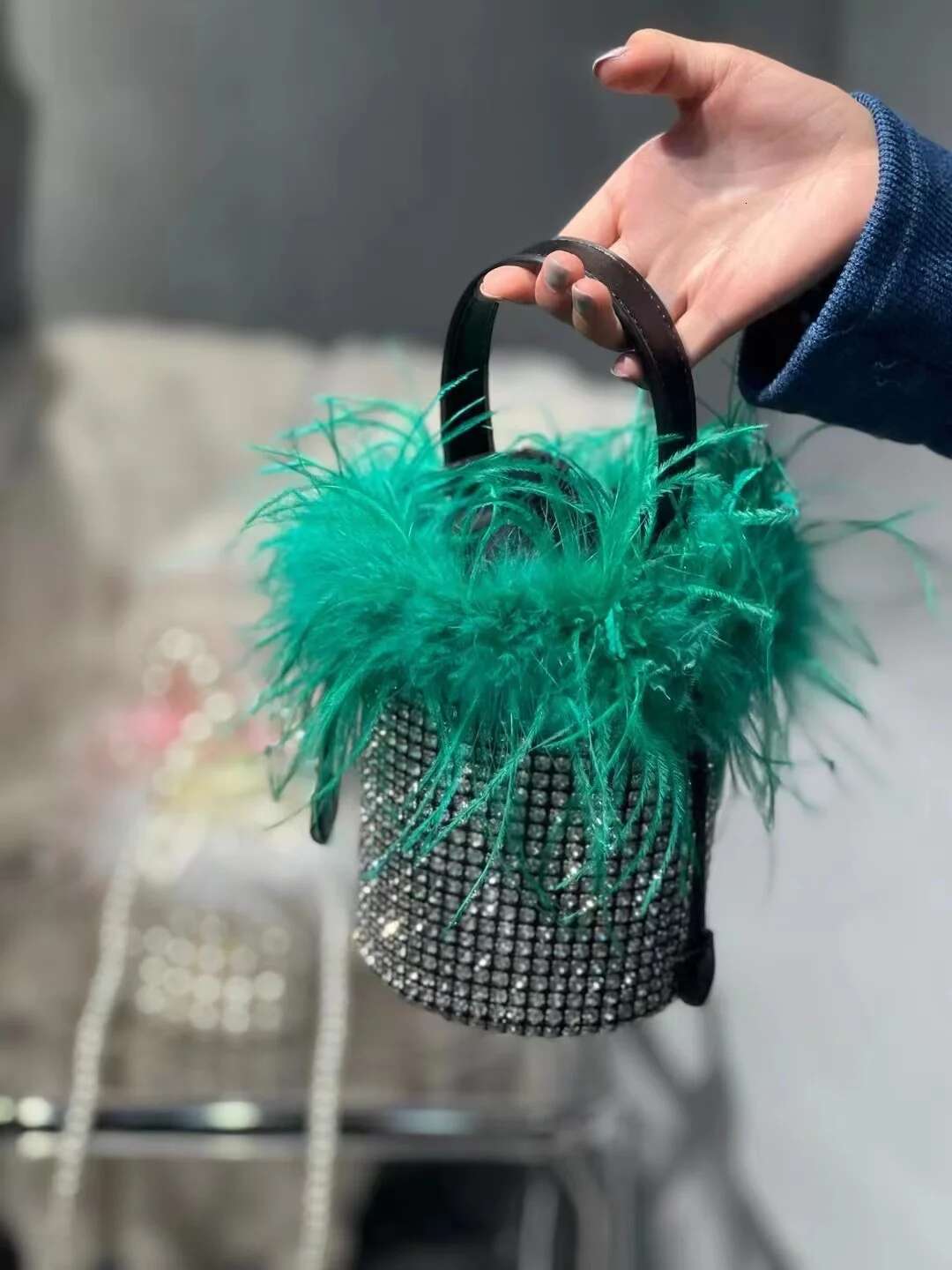 Fashion Ostrich Hair Bucket Women's Handbag Glitter Rhies Dia Evening Wedding Party Clutch Purse Shoulder Bag