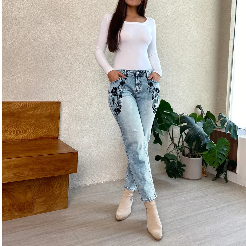 Weight Loss Girlfriend Ankle Denim Jeans Plant ed High Stretch Womens Pants Straight Legs Mom Trousers T49 250317