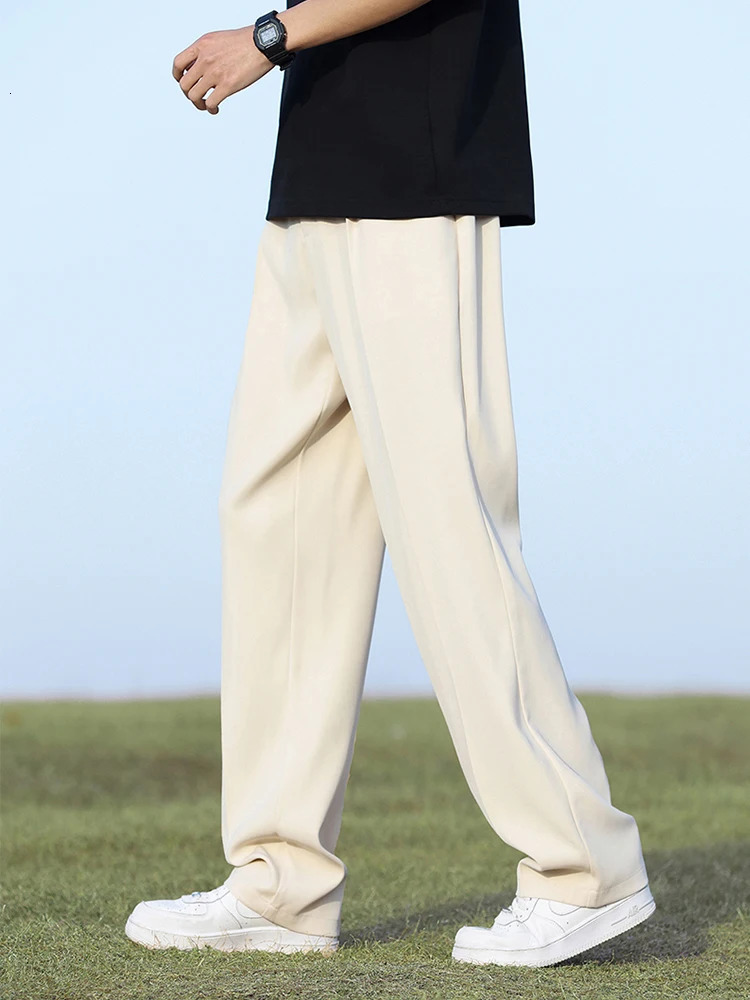 Summer Korean Mens Pants Light Thin Polyester Elastic Waist Semi-Wide Loose Slacks Drape Suit Pants Male Casual Trousers 250318