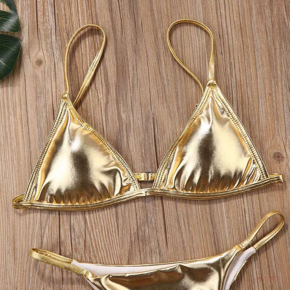 Women's triangle bikini set, shiny gold bra, two sexy swimsuits, thong tie, side swimsuit