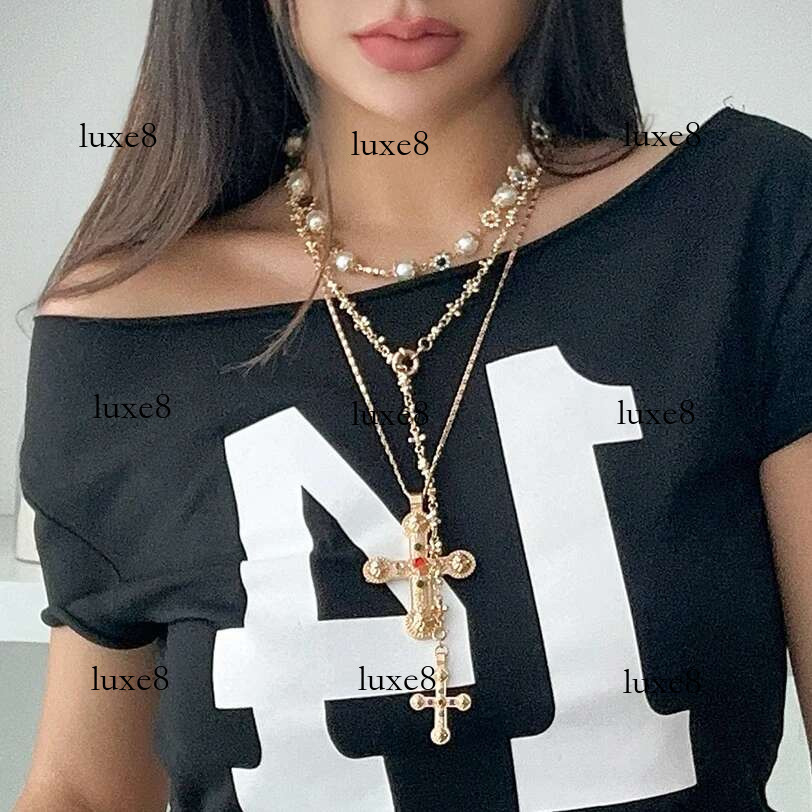 Ingemark Rhie Imitation Pearl Beads Chain Necklace Women Wed Bridal Vintage Jesus Cross Pendant Choker Y2K Jewelry