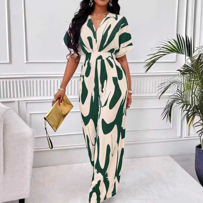 2024 Women Wide Leg Jumpsuit Spring Summer Fashion V Neck Short Slve High Waist Full Body Printed Jumpsuits Casual One X2503181