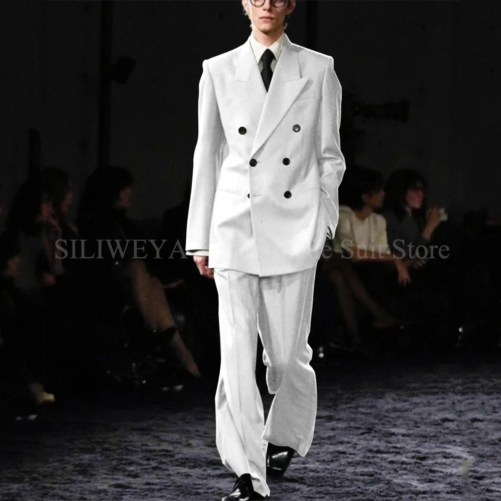 Smart Causal Grey Suit For Men Double Breasted Lapel Loose 2 Piece Jacket Pants Office Daily Prom Terno Masculinos Completo 250224