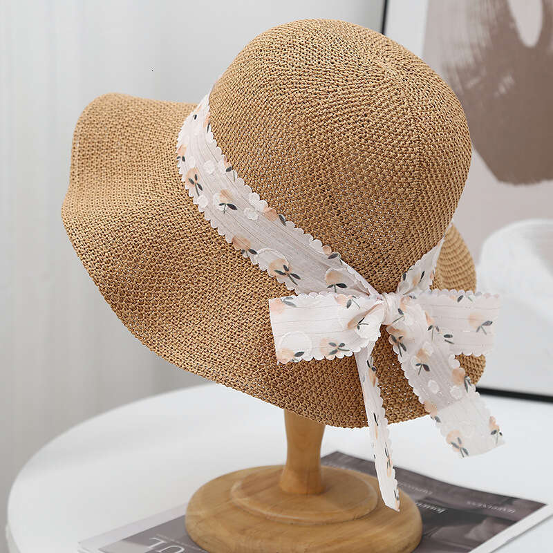 Wave edged large eave fisherman for women in summer, thin knit, breathable, fashionable, polka dot bow ribbon sun protection hat