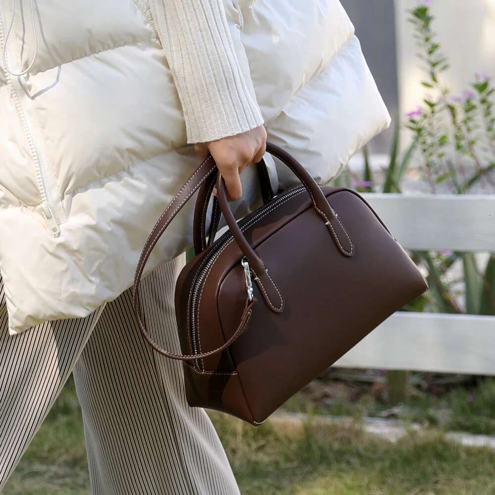 Genuine Cow Leather Women Casual Boston Bag 2023 New High Quality Shoulder Bags Ladies Designer Commute Handbags Coffee