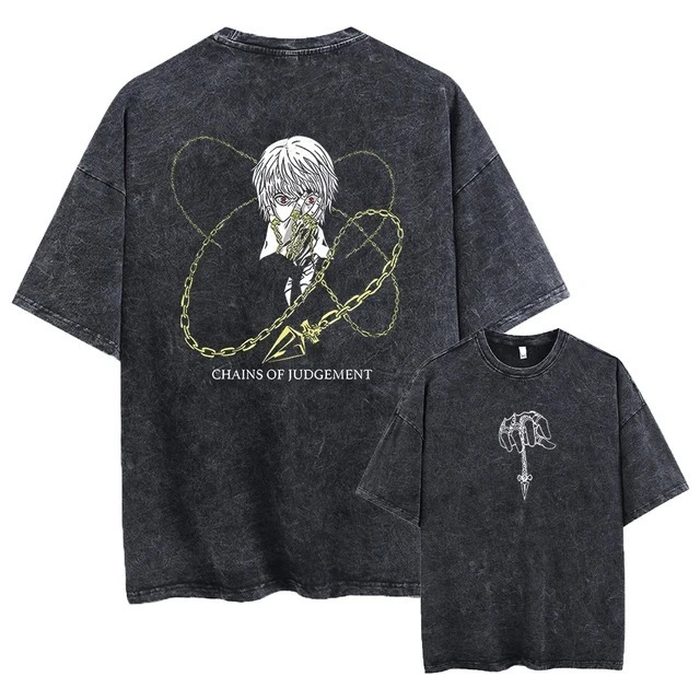 Anime Hunter X Hunter Wash T-shirt Mens Street Clothing Retro Summer 100% Cotton Loose T-shirt Harajuku Extra Large T-shirt 250317