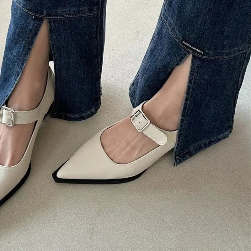 Spring and Autumn Line Belt Buckle Medium Heel Small Leather Shoes To Wear Fashion Mary Jane Shoes Womens Shoes 250318