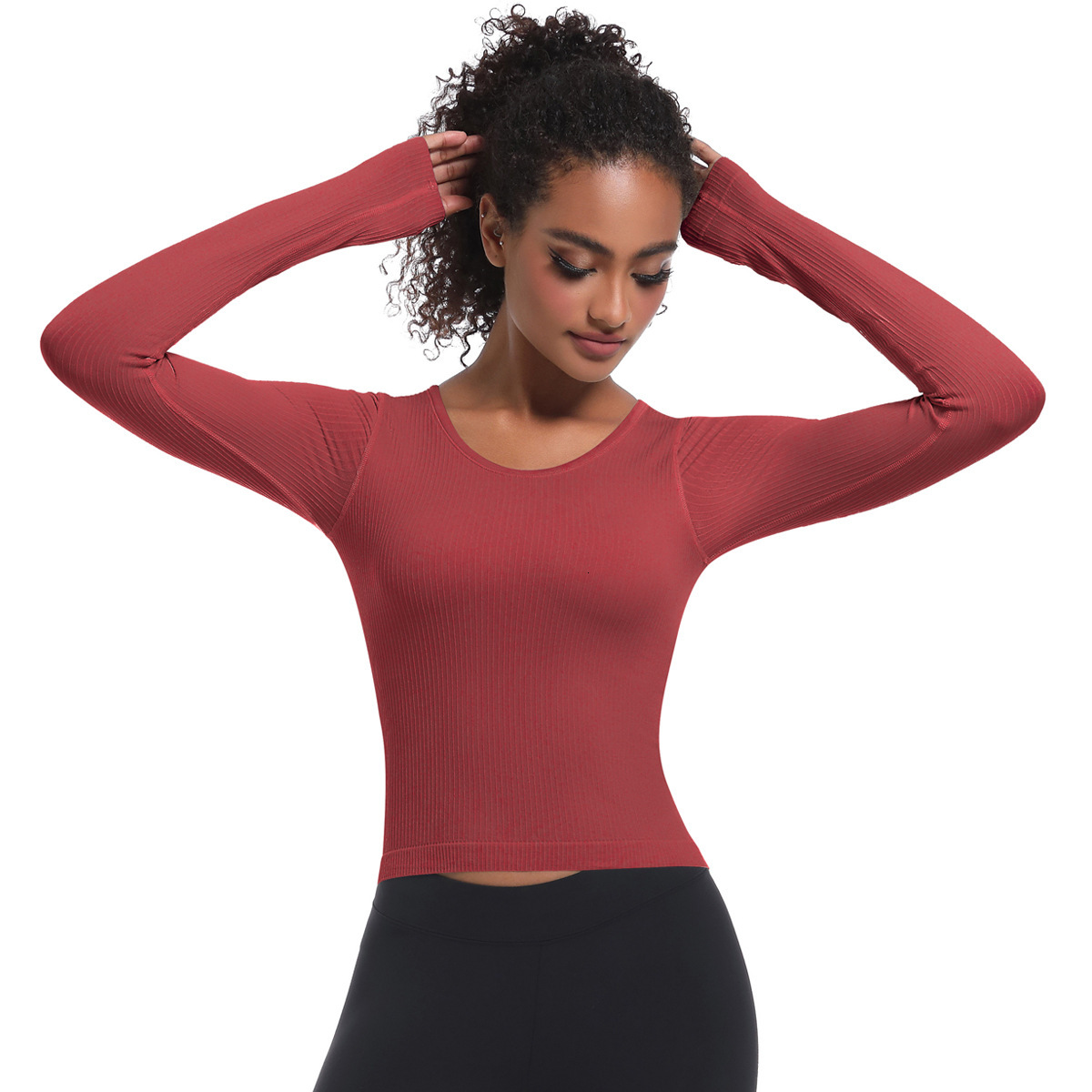New tracksuit seamless knitted solid color thread fixed cup long sleeved high elasticity sports running fitness yoga suit top T-shirt leggings