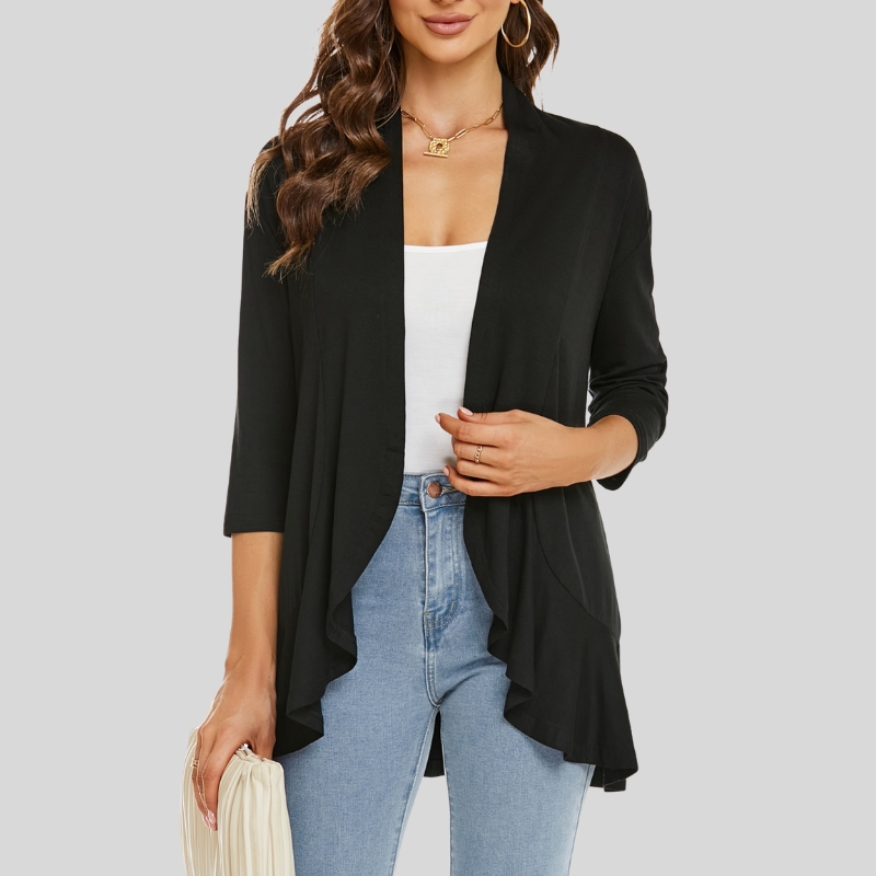 European and American women's clothing autumn new solid color cardigan jacket seven-quarter sleeve ruffle edge top