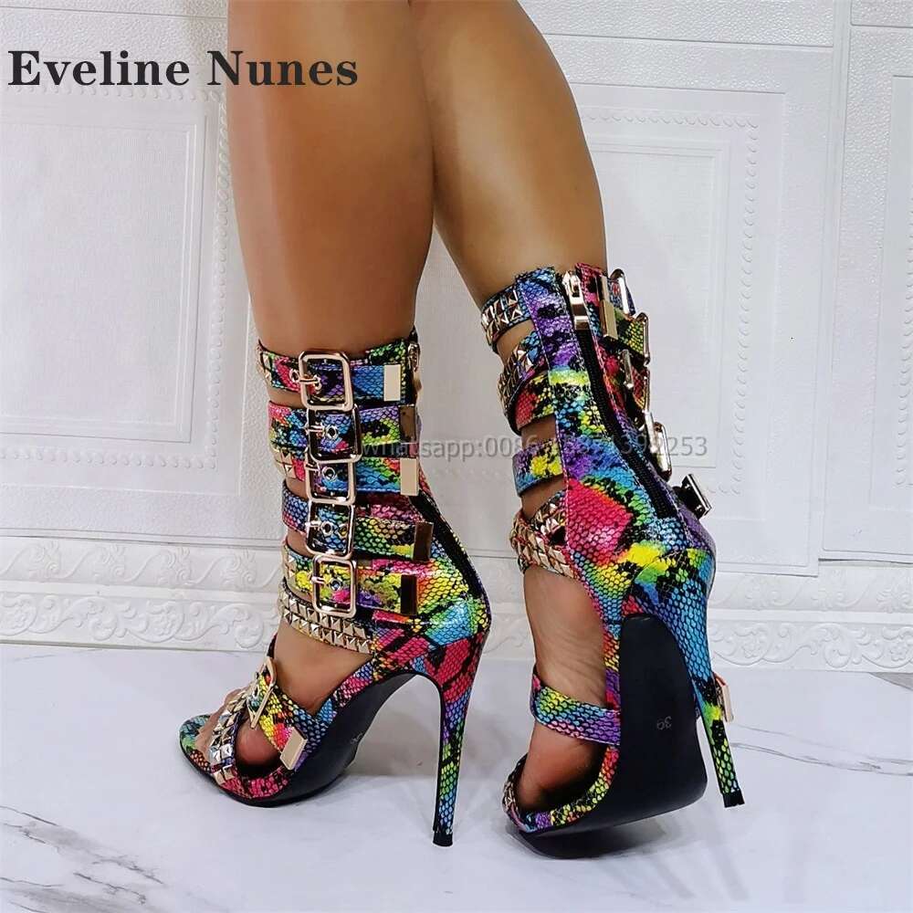 Belt Buckle Rivet Snakeskin Sandals Open Toe Stiletto Mixed Colors Side Air Sexy Women Heels Punk Spicy Girls Ankle Strap Shoes