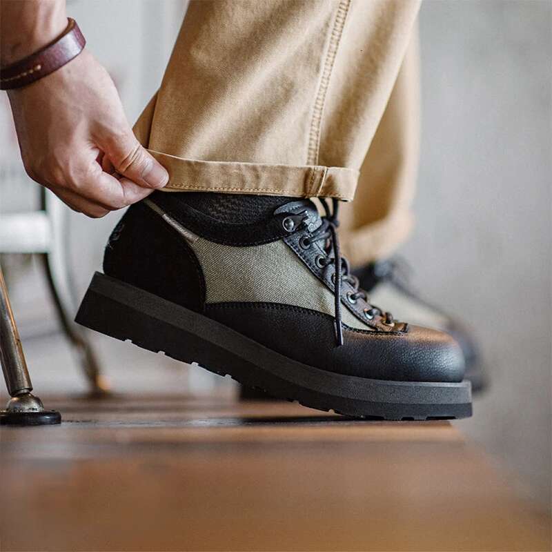 Maden Retro Casual Thick-Soled Height-Increasing Color-Block Classic Men's Round-Toe Black Lace-Up Leather Shoes for Fall