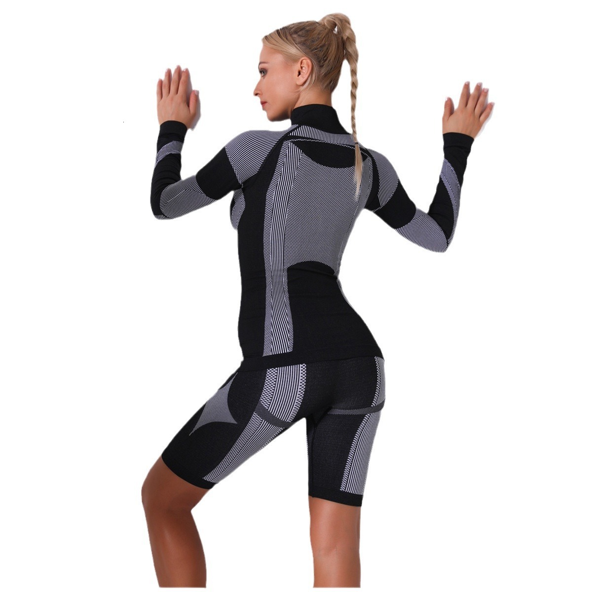 tracksuit Internet famous seamless knitted striped long sleeved shorts with raised buttocks, yoga set, women's sports running and fitness pants l
