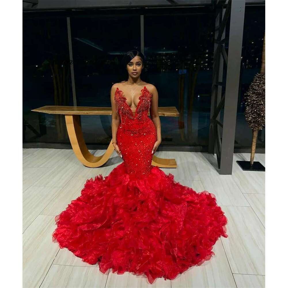 Charming Red Prom Dresses 2025 Sweetheart Beading Dias Ruffles Birthday Party Dress For Black Girls Customized Dr0318