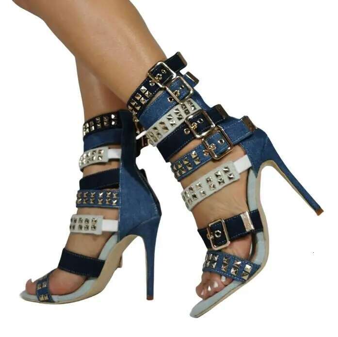 Coloful Snake Square Rivets Studs Straps Buckle Cutout Sandals Sexy Woman Peep Toe Mixed Denim Gladiator Party Sandalias Shoes
