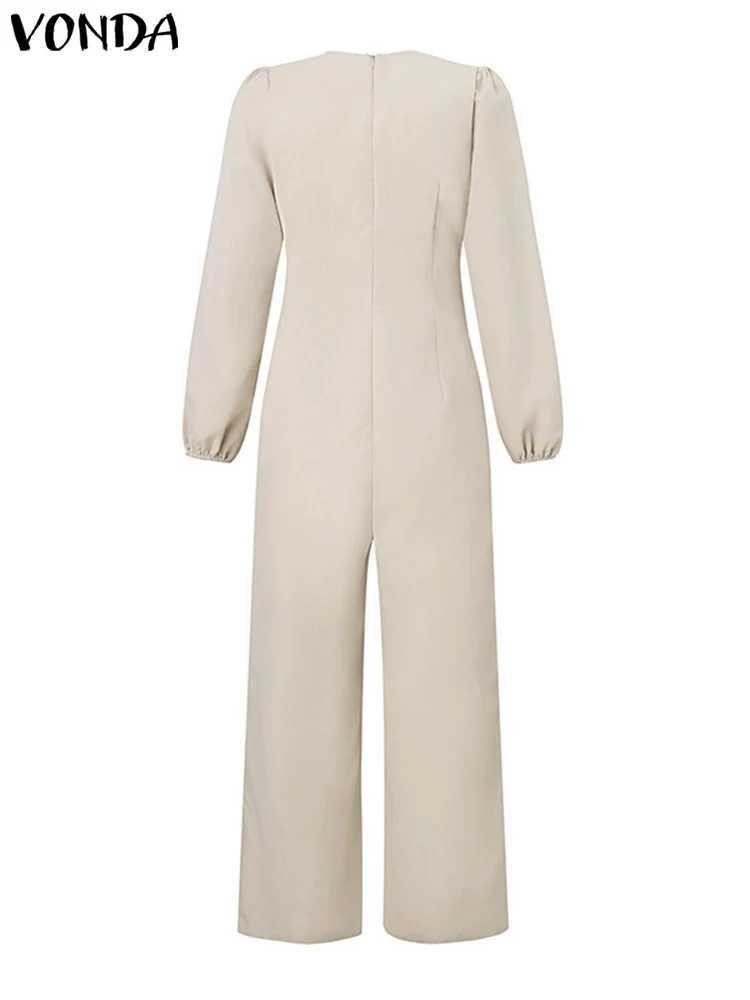 VONDA Womens Autumn jumpsuit Fashion Retro Solid Color Long Sleve V-neck Wide Leg jumpsuit Lantern Sleve High Waist Playsits X250318