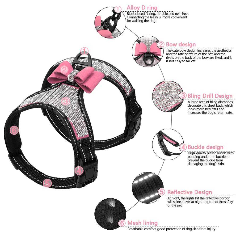 Reflective dog harness nylon bulldog small and medium-sized dog harness vest flash rhinestone bow dog accessories pet suppliesT250318