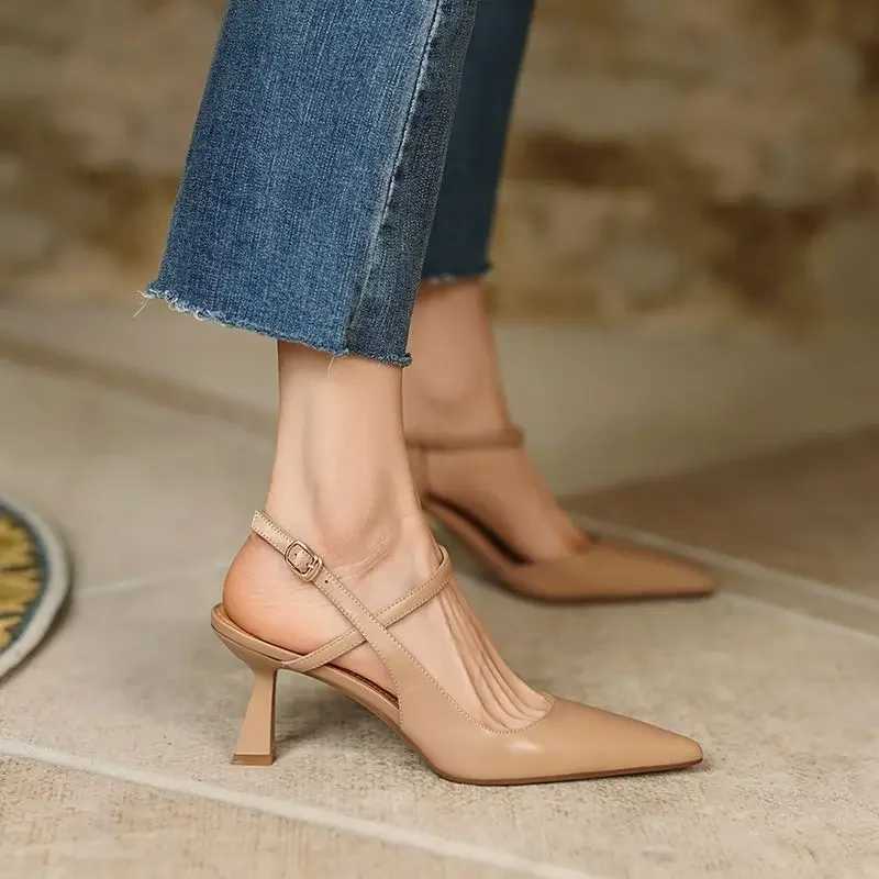 Summer 2024 Pointed Toe White Pumps Heeled High H Footwear Buckles Ladies Shoes Beige Sandals for Wen H Korea Cfort S Y250317